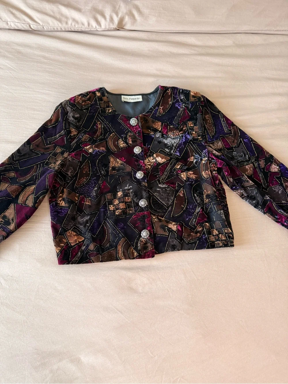 VTG Tres Paquette Velvet Cropped Blazer Abstract Multi Metallic Sz 10 Petite